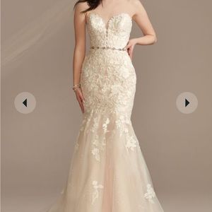 Oleg Cassini lace appliqué mermaid strapless wedding dress
